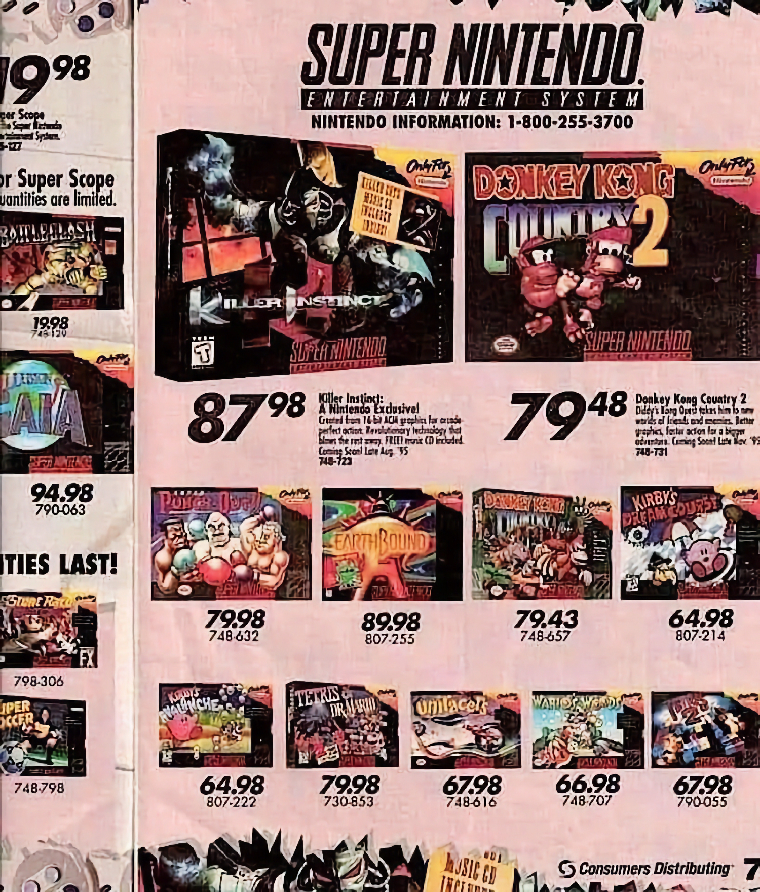 Page de pub de 1994 avec les prix des jeux SNES